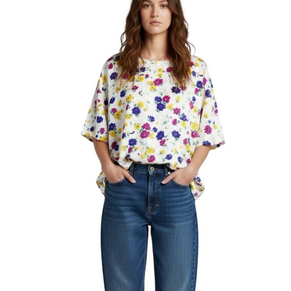 Vintage white satin damask floral print boxy short sleeve blouse